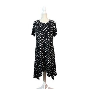 Lisa Bayne Asymmetrical Jersey Dress Sz MD Petite Black Polkadot Artsy Lagenlook